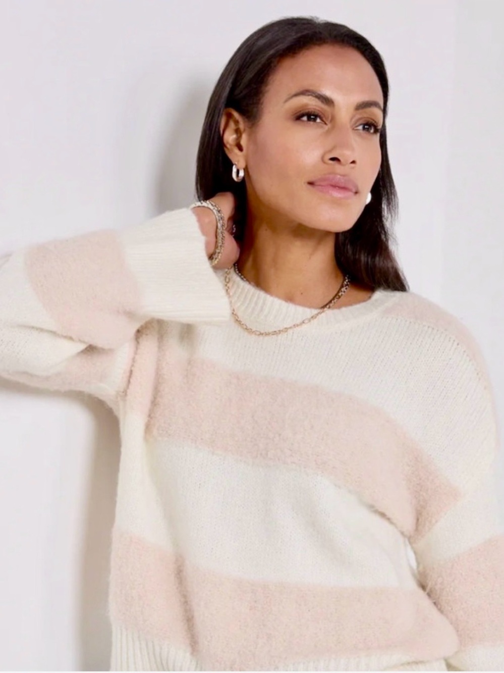 Evereve Design History Cream and Light Pink Striped Crewneck Sweater Size Small